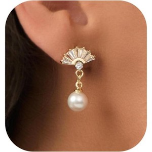 Pearl Earrings: 14k Gold-plated Cubic Zirconia Accented Pearl Drop Dangle Wedding Engagement Earrings For Women Bridal Bridesmaid - 1 of 4