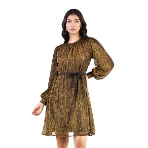 Artyska Women's Crewneck Shimmer Balloon Sleeve Tie-Waist Dress - 1 of 4