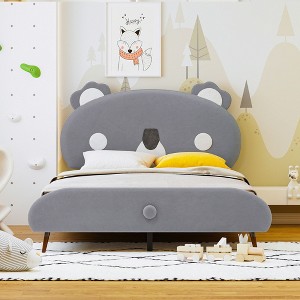 Okak Twin/Full Platform Bed Frame with Upholstered Cute Sheep-Shaped Headboard for Kids Noise-Free Bed Strong Wood Slats Easy Assembly - 1 of 4