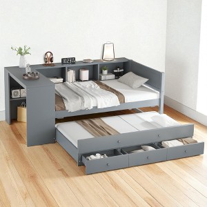 Full Size Wood Daybed with Trundle, Storage Drawers, Shelves, and Integrated Desk, No Box Spring Required,kids bed - 1 of 4