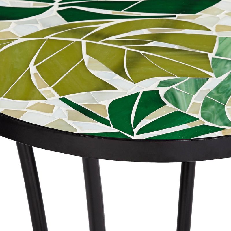 Teal Island Designs Tropical Black Round Outdoor Accent Side Tables 14" Wide Set of 2 Green Leaves Mosaic Tabletop Front Porch Patio Home House, 3 of 9