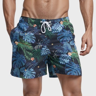 Anna-Kaci Swim Men's Tropical Leaf Print Swim Trunks with Quick-Dry Fabric and Drawstring Waistband for Beach and Pool Comfort
