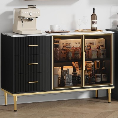 Homhougo Fluted Glass Door Cabinet with 2 Drawers & Adjustable Shelves, Modern Storage Unit for Kitchen or Living Room