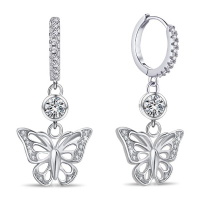 Paaaawaters 14k White Gold Plated 5A Cubic Zirconia Butterfly Hoop Dangle Earings
