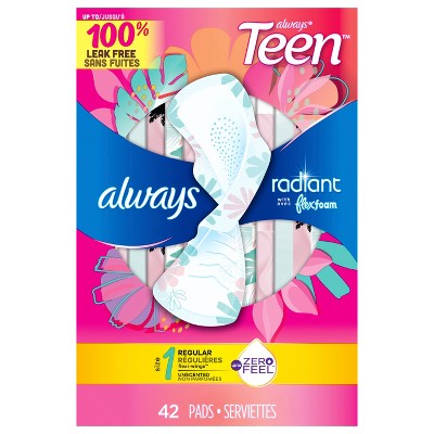 Always Radiant Teen Pads, Size 1, Regular, with Wings, Unscented, 42 CT
