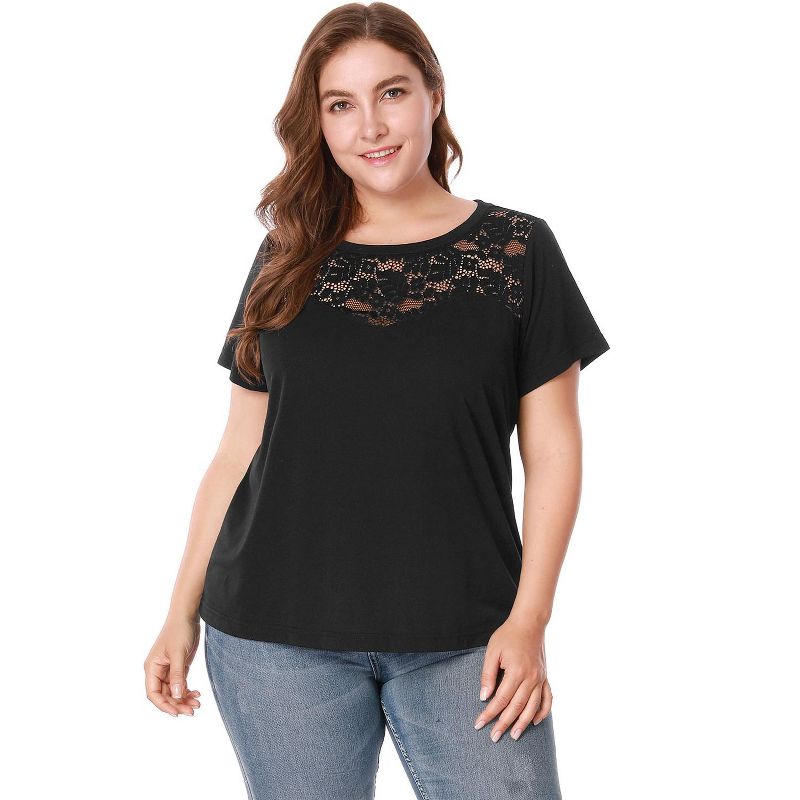 Agnes Orinda Women's Plus Size Lace Insert Short Sleeves Solid Round Neck Blouses, 4 of 8
