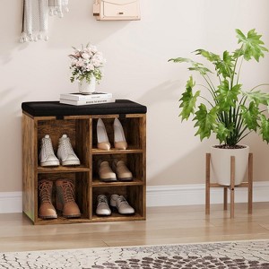 Shoe Bench with Cushion and Cubbies, Entryway Storage Bench with Adjustable Shelves, Multifunctional Shoe Rack Organizer - 1 of 4