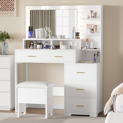 White Makeup Vanity Desk with Mirror, 5 Drawers and Shelves
