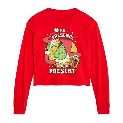Dr. Seuss The Grinch Christmas Presence Is Your Present Cropped Long Sleeve T-Shirt - Red - 2 X-Large