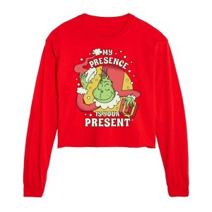 Dr. Seuss The Grinch Christmas Presence Is Your Present Cropped Long Sleeve T-Shirt - Red - 2 X-Large - 1 of 2