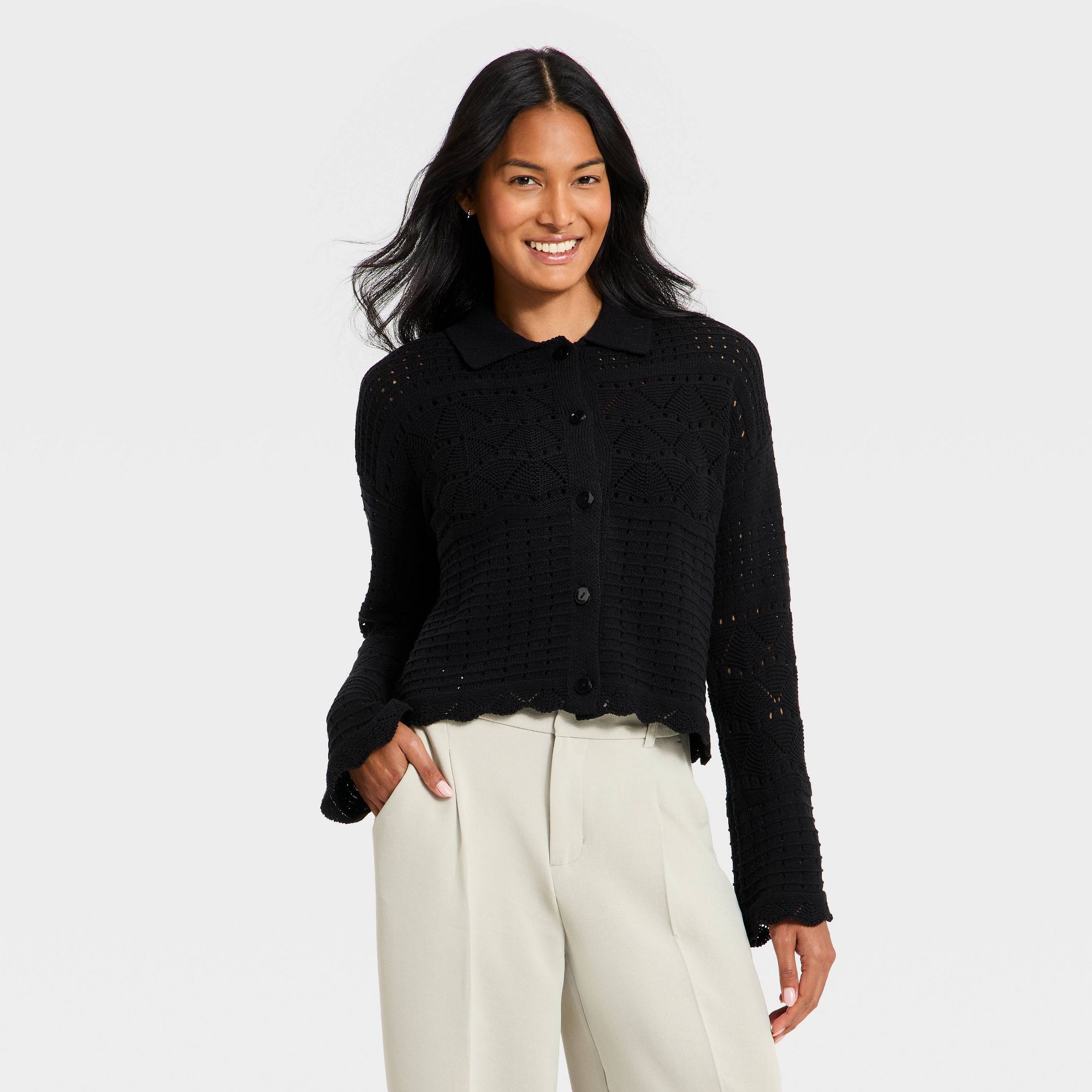 Women's Collared Crochet Cardigan - A New Day™