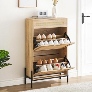 Whizmax Natural Rattan 2 Flip Door with 1 Drawer Shoe Cabinet Organizer Freestanding, Shoe Rack Storage Cabinet for Slippers, Sneakers, Heels, Boots - 1 of 4
