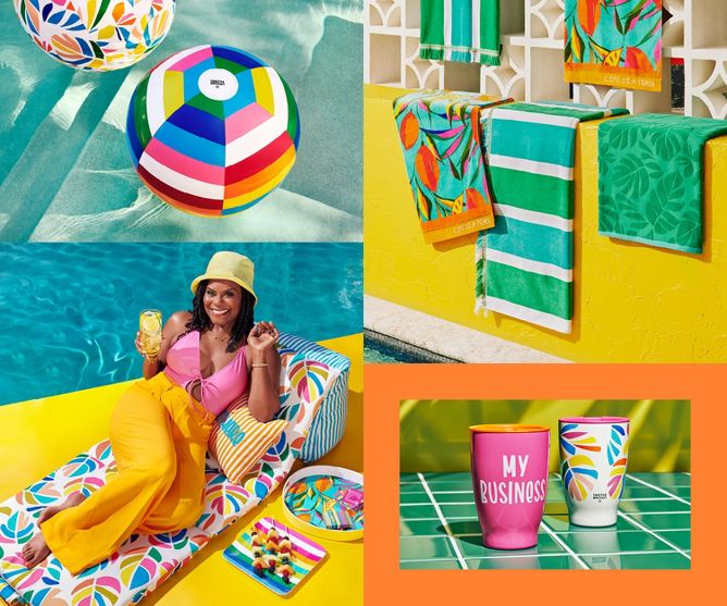 A collage of poolside items including – Tabitha laying on a colorful outdoor lounge mat and pillows with brightly colored tableware; a colorful, inflatable beach ball set in palm print and multi-stripe; 2 colorful stainless steel wine tumblers; and an assortment of beach towels in green embossed palm print, colorful citrus print and multi-green stripe.