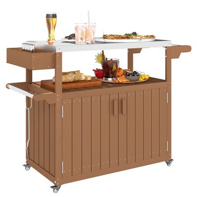 Outsunny Outdoor Bar Cart with Storage, Stainless Steel Top, HDPE Outdoor Kitchen Cart on Wheels, Outdoor Bar Table Beverage Food Prep Station