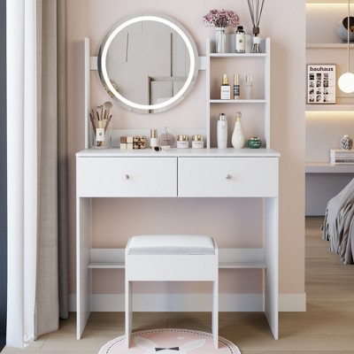 VYNXARIA 17" Round Mirror Vanity Table&Soft Cushion Stool Suit,Large Desktop,Multi-layer High Capacity Storage,Suitable For Small Space£¬White
