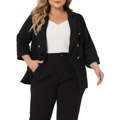 Agnes Orinda Women's Plus Size Office Button Front 3/4 Roll-Up Sleeve Peplum Work Blazers