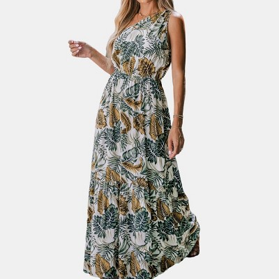 Women's Tropical Leaf One-shoulder A-shape Dress : Target
