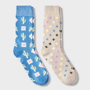 Men's Cactus Print Novelty Crew Socks 2pk - Goodfellow & Co™ Blue 7-12 - 1 of 3