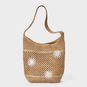 Girls' Daisies Embroidered Woven Tote Bag - art class™ Tan - 1 of 4