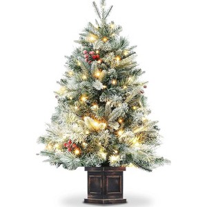 TackView Pre-Lit Artificial Christmas Tree with Potted Base, Flocked Snow Warm White LED Lights Red Berries, Xmas Holiday Decor - 1 of 4