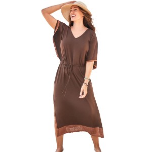 Swimsuits for All Women's Plus Size Crochet Trim Flutter Sleeve Midi Cover Up Dress - 1 of 4