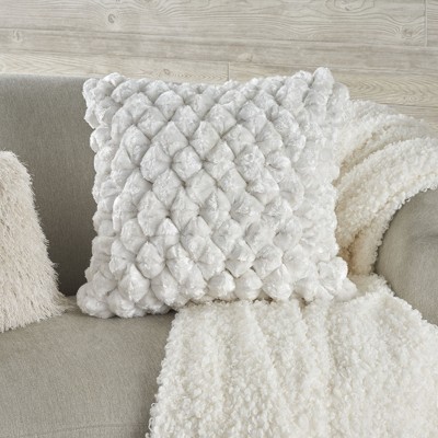 White Velvet Shimmer Poms 20" Square Throw Pillow