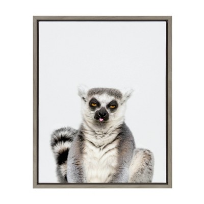 18" x 24" Sylvie Sitting Lemur Tongue Out Framed Canvas Wall Art by Amy Peterson Gray - DesignOvation