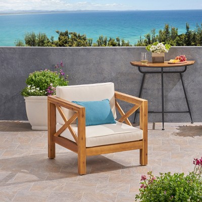 1 Piece Acacia Wood Patio Accent Chair,Waterproof Fabric Upholstered Lounge Club Chair,Armrests Club Chair For Balcony Or Garden-Coolbibila