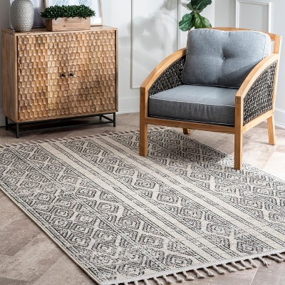 Ivory Braided Stripe Synthetic 4' x 6' Easy-Care Area Rug