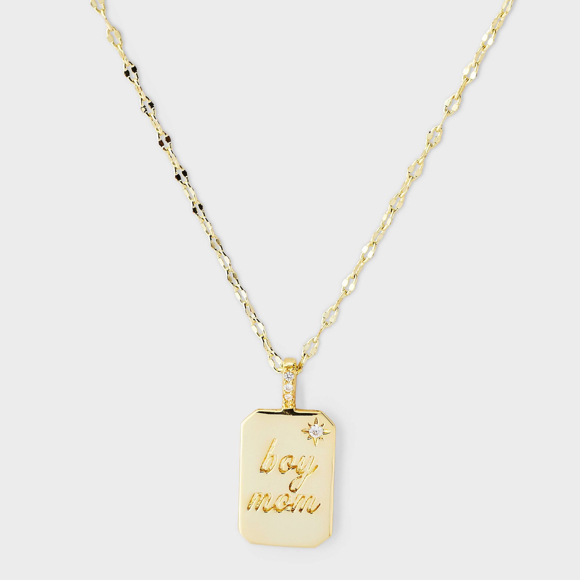 14k Gold Dipped Cubic Zirconia Engraved "Boy Mom" Tag Pendant Necklace - A New Day™ Gold