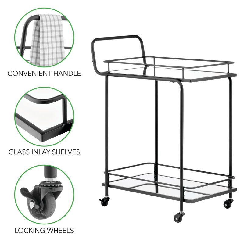 mDesign Metal Rolling Food and Beverage Bar Cart with Glass Shelves, 5 of 8