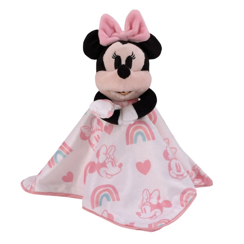 Disney Minnie Mouse White, Pink, and Aqua Rainbows and Hearts Super Soft Cuddly Plush Baby Blanket and Security Blanket 2-Piece Gift Set, 2 of 11