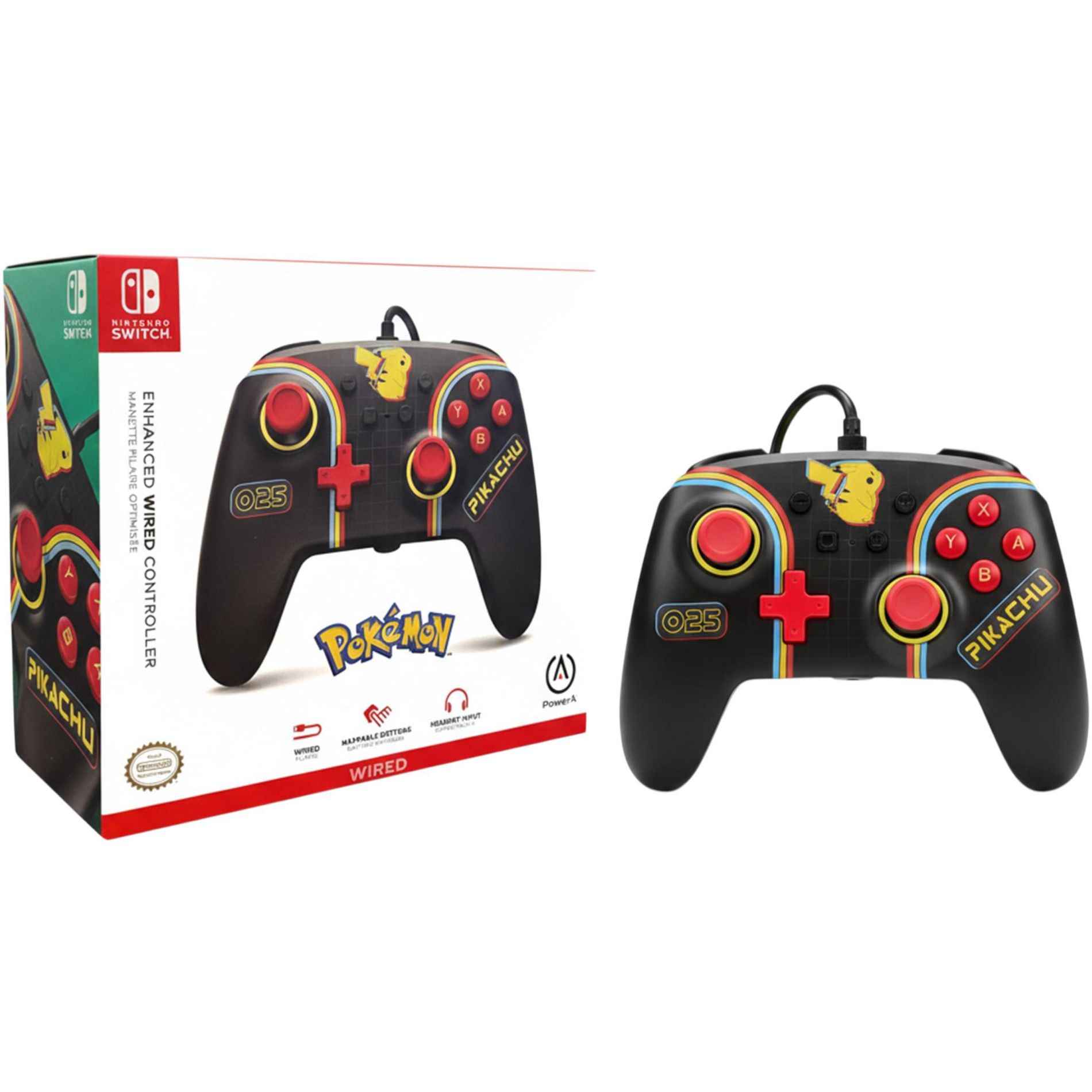 PowerA Enhanced Wired Controller for Nintendo Switch - Pikachu Arcade with Mappable Buttons & Audio Jack