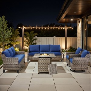 Buenhomino 6 Pieces Wicker Outdoor Patio Furniture Set Conversation Sofa Couch with a Fire Pit Table, Swivel Chairs and Cushions - 1 of 4