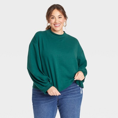 Women's Plus Size Long Sleeve Fleece Cropped Mock Turtleneck Pullover Shirt - Ava & Viv™