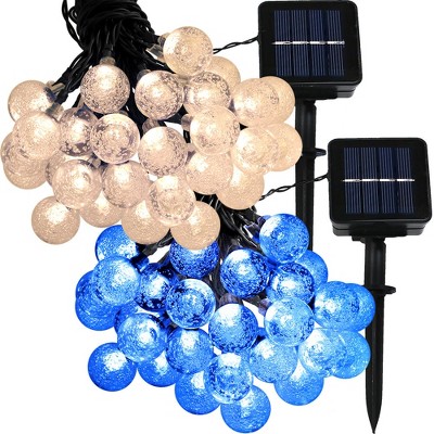 Sunnydaze Outdoor Hanging 30 Count Solar Powered LED Globe Patio Deck Railing String Lights - 20' - Warm White and Blue - 2pc