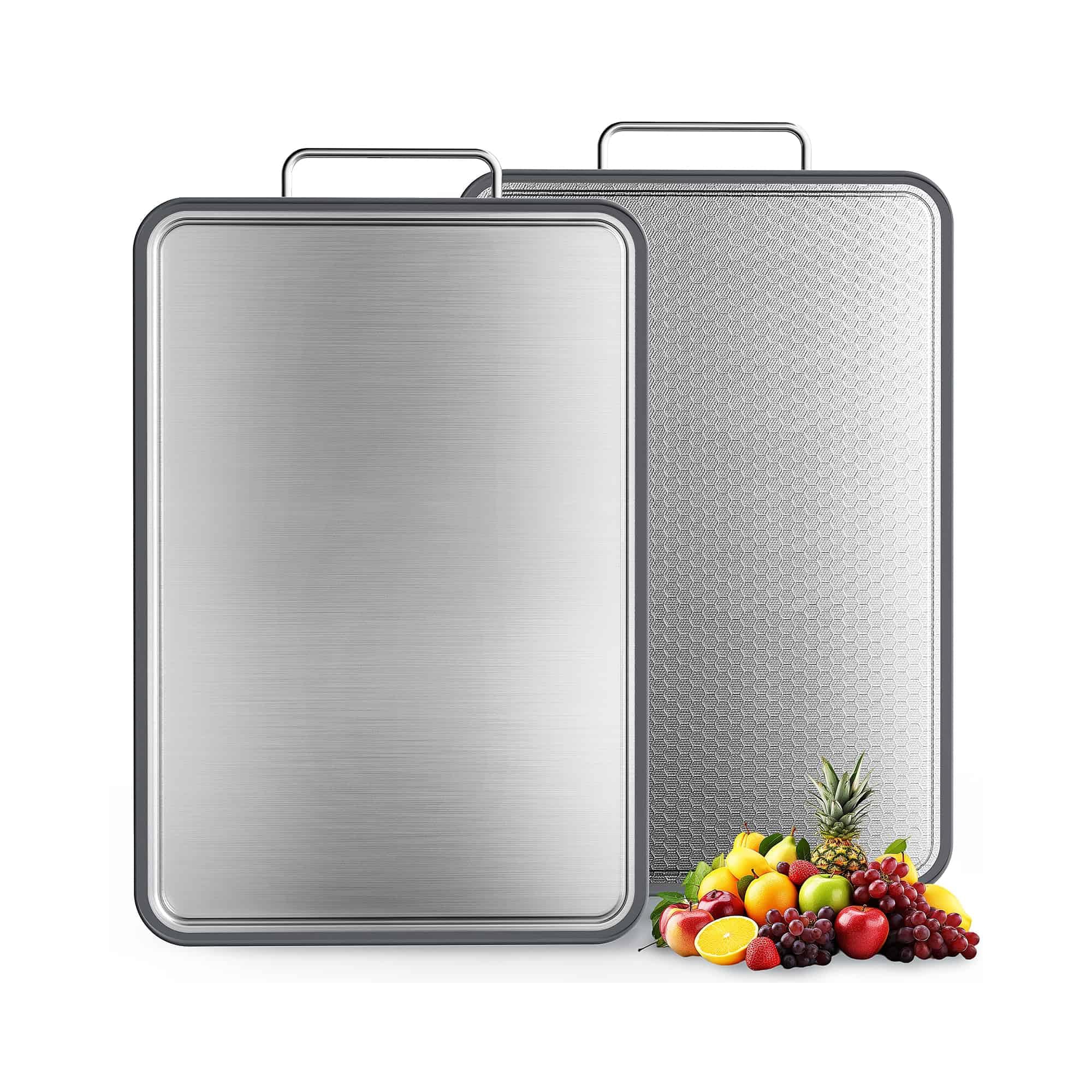 Double-Sided Stainless Steel Cutting Board, Scratch-Resistant, Rust-Resistant, Suitable for Meat, Vegetables & Fruits,with Juice Groove, Gray