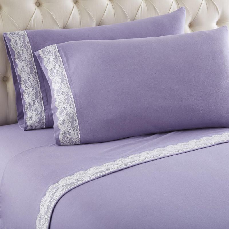 Micro Flannel Shavel Durable & High Quality Luxurious Lace-Edged Sheet Set Including Flat Sheet, Fitted Sheet & Pillowcase, Cal King - Amethyst, 1 of 4