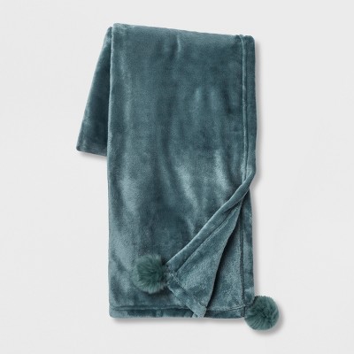 Solid Plush With Faux Fur Poms Throw Blanket Teal Opalhouse