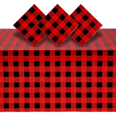 Blue Panda 3 Pack Red and Black Plastic Tablecloth for Kids Buffalo Birthday, Lumberjack Party Decorations, 54 x 108 In