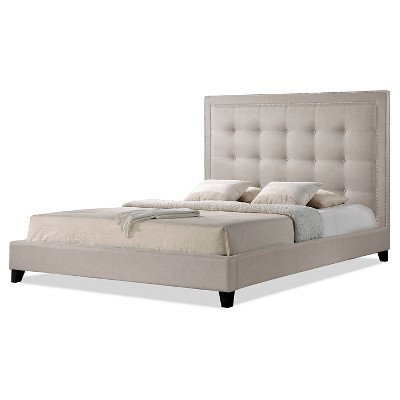 Elegant King-Sized Light Beige Linen Upholstered Bed with Nailhead Trim