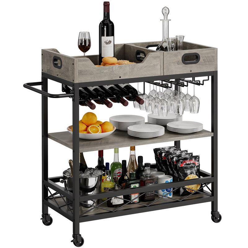 Whizmax 3 Tier Bar Cart with Wheels, Two Portable Trays, Wine Rack, Glasses Holder, Industrial Serving Cart for Kitchen, Living Room, Dining Room, 1 of 10