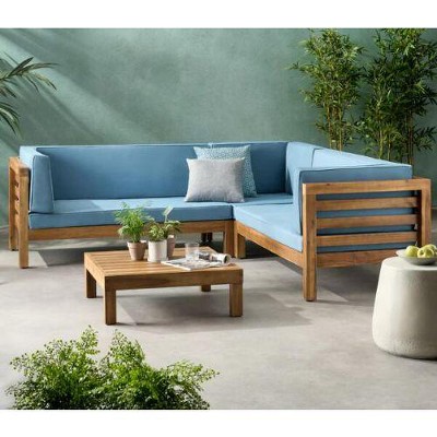 NicBex 4-Piece Sectional Couch with Coffee Table, V-Shaped Outdoor Patio Sofa Set, Acacia Wood Outdoor Sofa Set with Cushions