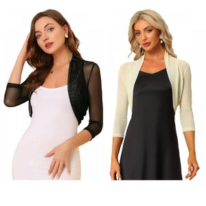 INSPIRE CHIC Women's Semi Sheer Open Front Elegant 3/4 Sleeves Mesh Crop Bolero Shrug 2 Packs - 1 of 4