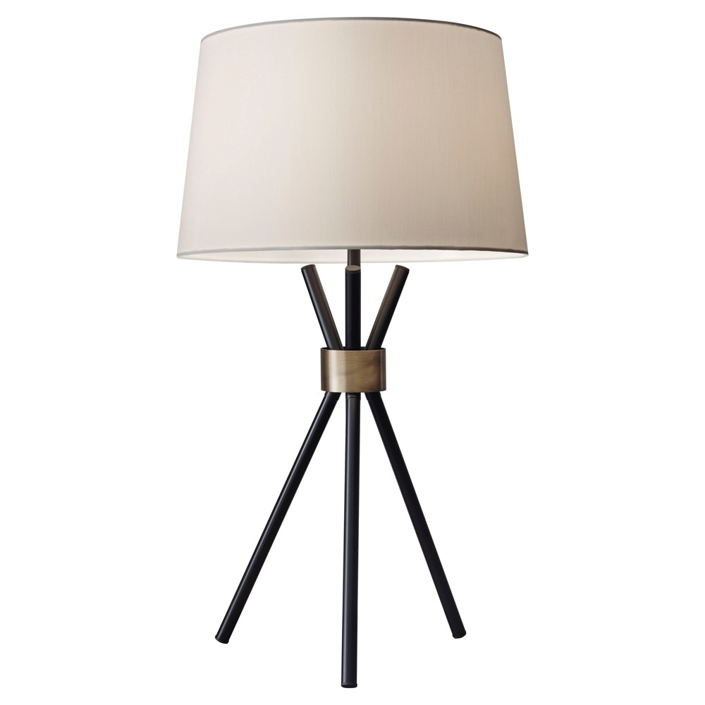 Photos - Floodlight / Street Light Adesso 25.5" Benson Table Lamp Black - : Mid-Century Design, Off-White Linen Shade, Metal Tripod Base 