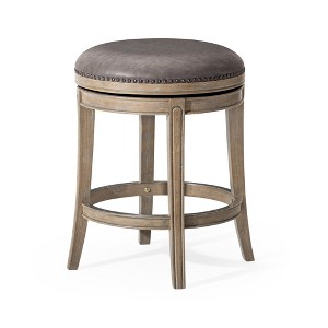 HomeRoots 26" Stone and Gray Faux Leather and Solid Wood Backless Counter Height Swivel Bar Chair - 1 of 4