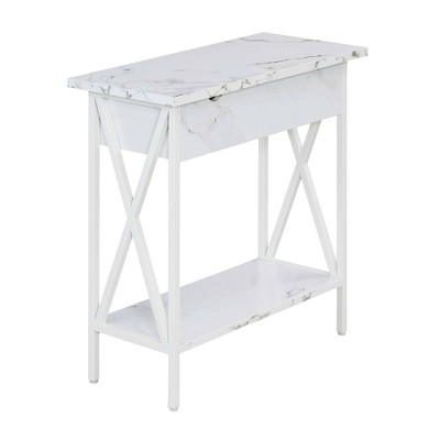 Tucson Flip Top End Table with Charging Station and Shelf White Faux Marble/White - Breighton Home