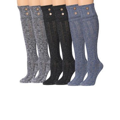 Tipi Toe Womens 3 Pairs Winter Cushioned Solid Colors Pattern Knee High With Buttons Cotton-Blend Boot Socks