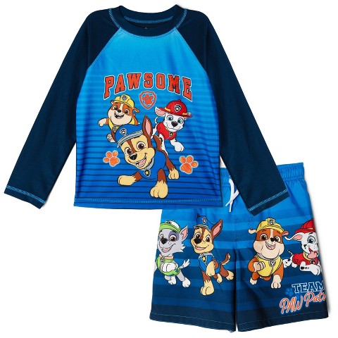 PAW Patrol Little Boys' Long Sleeve Raglan Swim Shirt and Board Shorts Outfit with Drawstring Navy Blue 5-6
