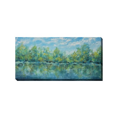 Cottage Garden West of The Wind Blue Sky Pond Blue, Green 48 x 24 Inch Waterproof Gallery Wrapped Canvas, Outdoor Garden, Yard, Patio All Weather